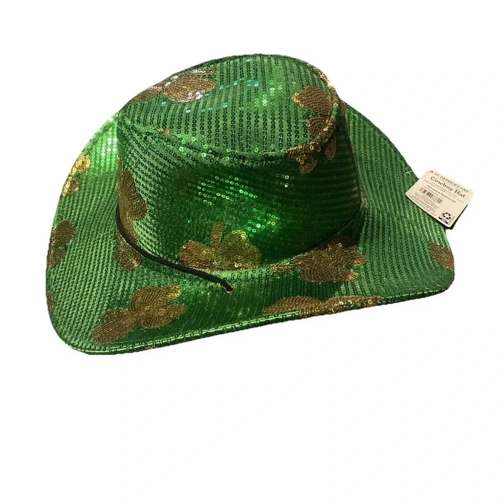 St. Patrick's Day Sequined Cowboy Hat Adult Size Fits Most Plush & Fabric Green